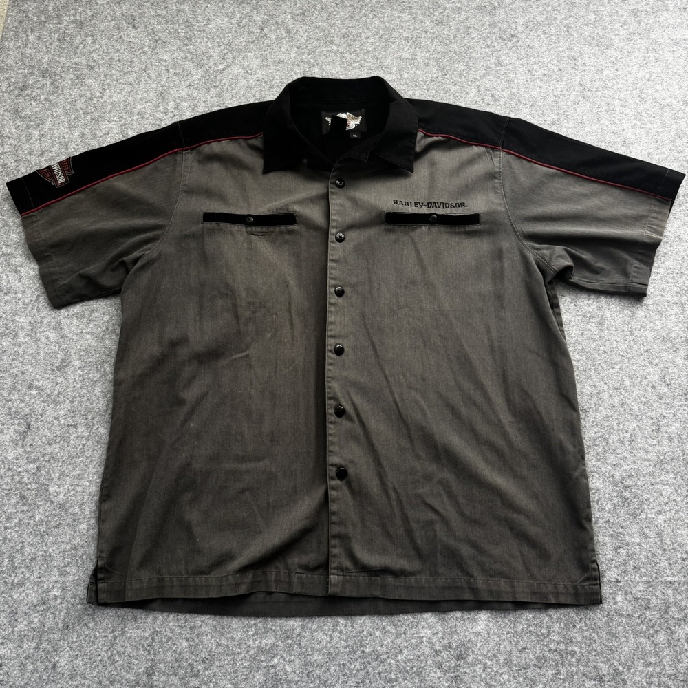 Harley-Davidson Men's XL Gray/Black/Red Colorblock Button-Up Shirt Pockets